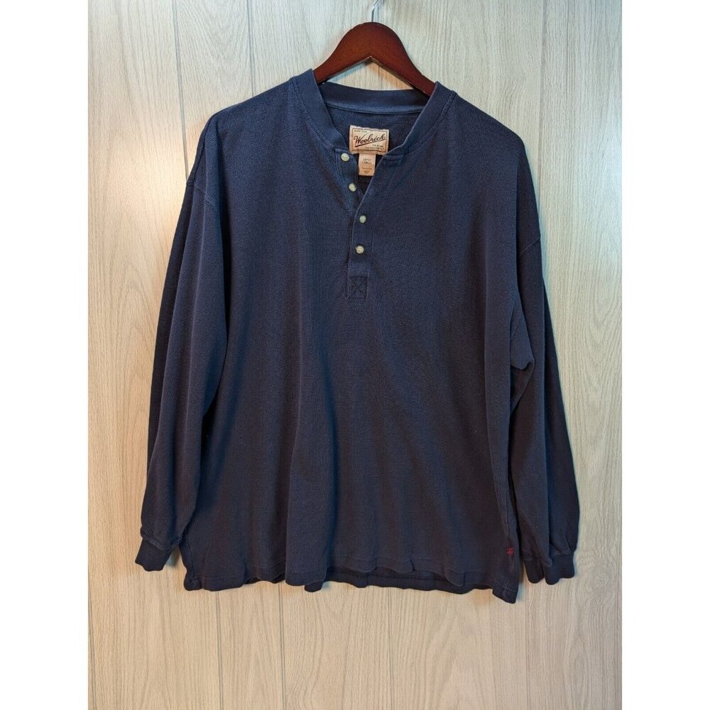 Henley T-Shirt Tee Size Large Woolrich Cotton Basic Navy Blue Long Sleeve